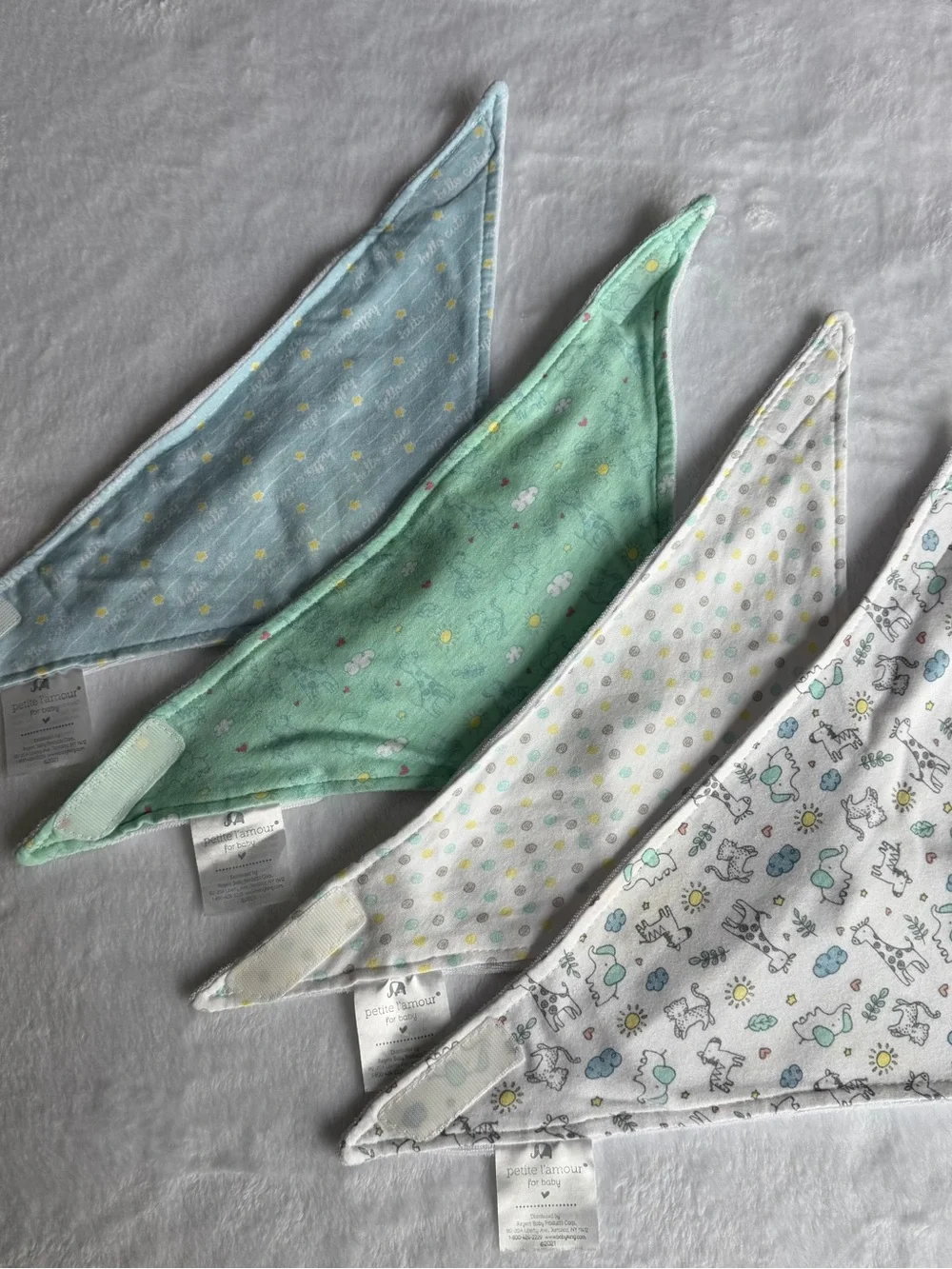 Petit Lem Pastel Blue, Mint Green, White & Gray Bandana Bibs - Set of 4